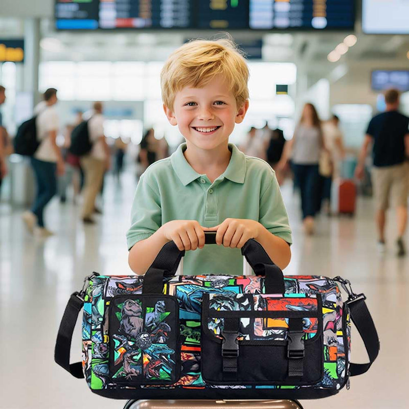 WZLVO Duffle Bag for Boys with Shoe Compartment - Dinosaur Print Sports Bag for Kids, Lightweight Travel Gym Overnight Weekender Bag (18x9x10 Inches) Boys Dinosaur Duffle Bag