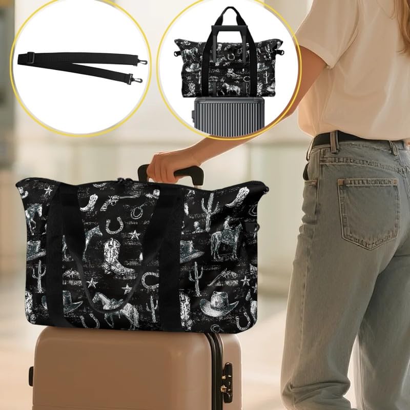 Western Horse Print Travel Duffel Tote Bag Foldable Carry On for Women, Cactus Cowboy Boots Pattern Lightweight Gym Bags for Sport, Road Trip Western Cow Boy Cactus