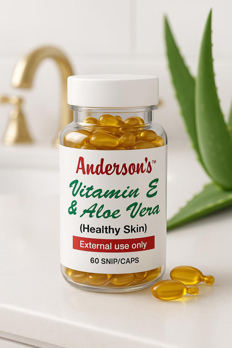 Anderson's Vitamin E & Aloe Vera Moisturizer Capsules – Anti-Aging Hydrating Cream for Face, Hands, & Body – Fast-Absorbing Lotion for Dry Skin, Fine Lines, & Dark Spots – 60 Travel-Friendly Capsules