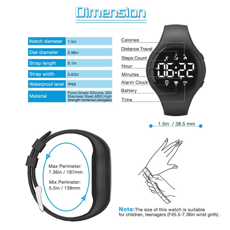 [Australia] - Kids Digital Pedometer Watch, Step Counting Watch, Fitness Tracker, Waterproof, Date/Alarm Clock/Timer, for Children Teens Boys Girls Women (Black) ‚Ä¶ Black 
