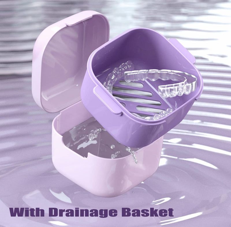 [Australia] - MURRI&MURRDI Retainer Case 2 Pack, Denture Case with Mirror, Denture Bath Box with Strainer Basket, Cute Denture Holder Storage Soak Container for Travel Cleaning, Braces Cleaner Kit (C Purple) C Purple 