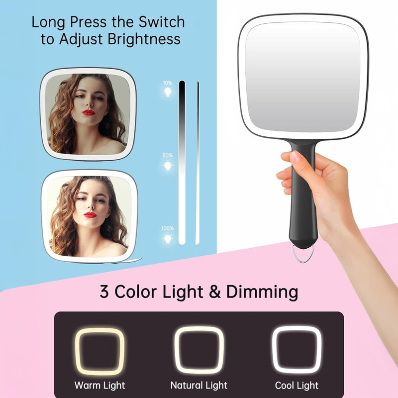 Famihomii Hand Mirror with 30X Magnifying Detachable Mirror, Lighted Handheld Mirror, Lightweight & Durable, Portable & Hangable for Makeup, Hair Styling, Shaving, Battery Operated Black+30x