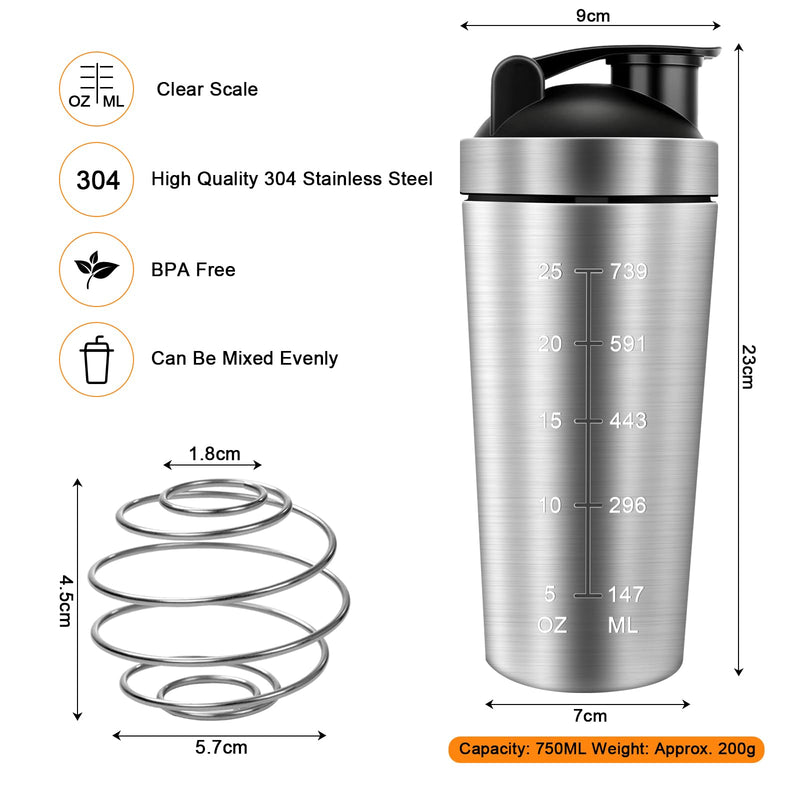 [Australia] - POFIBO stainless steel protein shaker, 750ML shaker for protein shake, sports fitness protein shaker with steel ball, BPA-free and leak-proof protein shaker, ideal for protein powder and protein shakes 