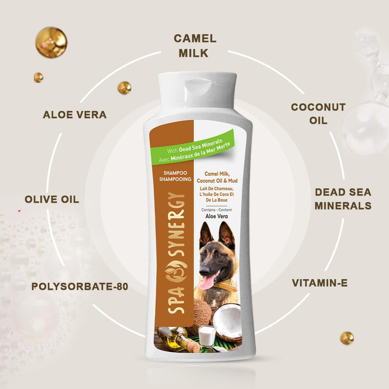 Pet Dog Shampoo Mud and Natural Dead Sea Mineral Rich, Aloe Vera & Vitamin-E, Soothing, Soften, Anti Dandruff, Cleansing- Camel Milk & Coconut Oil - (1) Bottle 16.5 FL OZ - PawsPlanet Australia