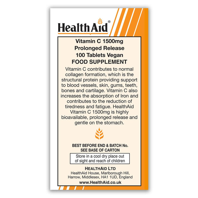 HealthAid Vitamin C 1500mg - Prolong Release - 100 Vegan Tablets 100 count (Pack of 1)
