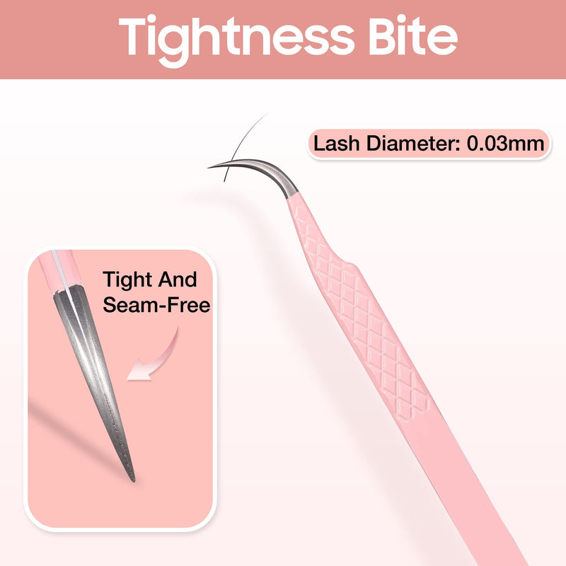Fiber Tip Lash Tweezers for Eyelash Extensions, Professional Stainless Steel Lash Extension Tweezers for Volume Fan, Precision Supplies Work Best Tool（Curved） Curved Pink