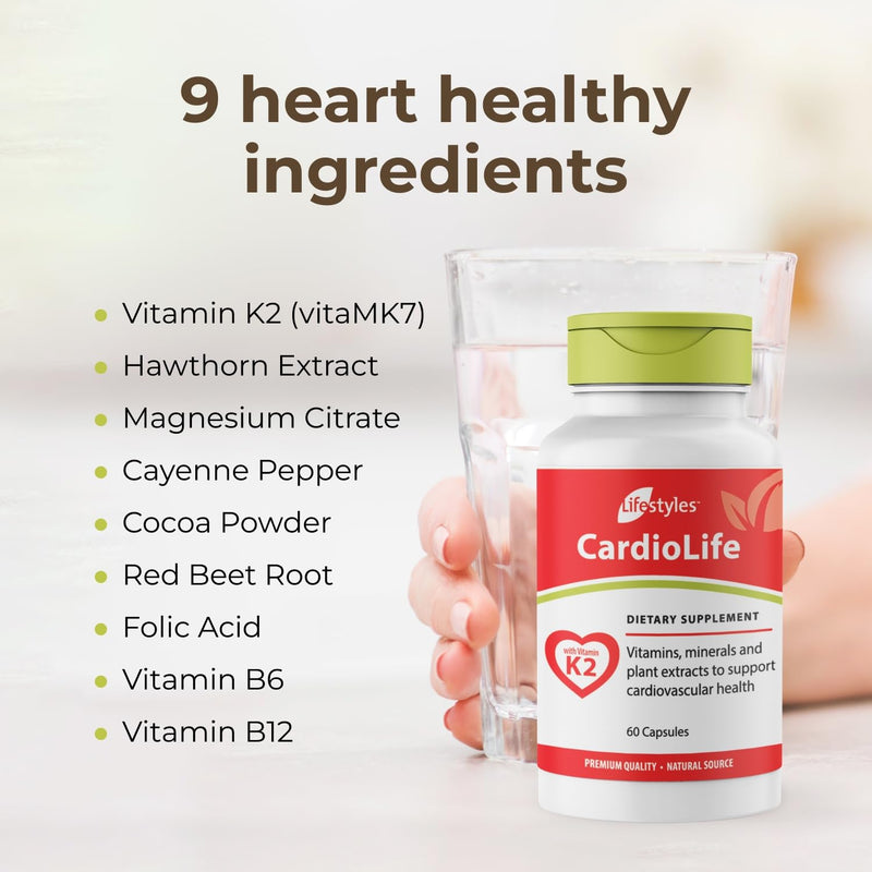 Intra Lifestyles CardioLife Supplement - Herbal Heart Health Support with Vitamin K2 (MK7), Folic Acid, Beetroot, Cayenne Extract & More – Made in Canada – 60 Capsules (1) 1 Count (Pack of 1)