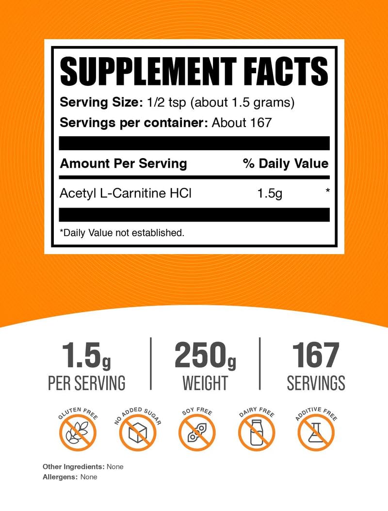 [Australia] - BulkSupplements.com Acetyl L-Carnitine Powder - as ALCAR HCl, Carnitine Supplement - Gluten Free, 1.5g per Serving, 250g (8.8 oz) (Pack of 1) 8.82 Ounce (Pack of 1) 