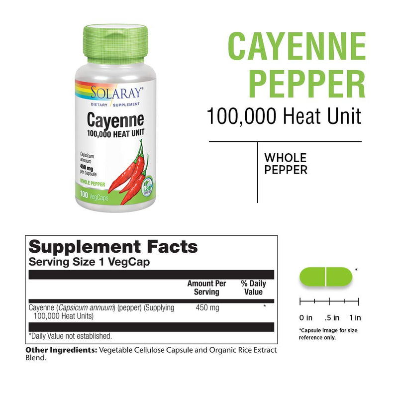 [Australia] - SOLARAY Cayenne Pepper 450 mg | 100,000 Heat Unit | Healthy Digestion, Circulation, Metabolism & Cardiovascular Support | Non-GMO | 100 VegCaps 100 Count (Pack of 1) 