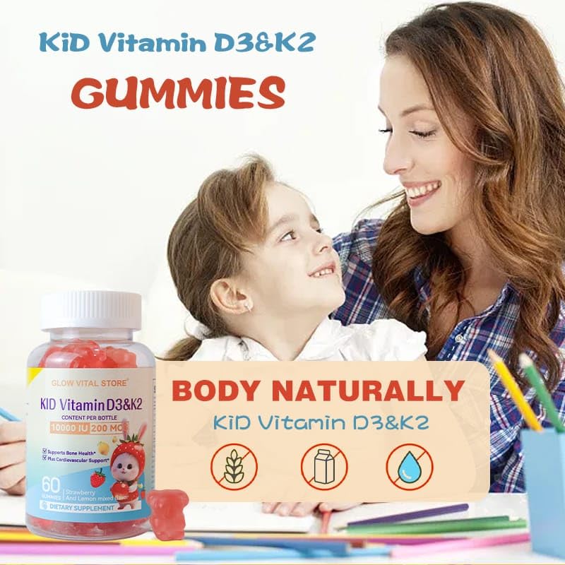 Kids Vitamin D3 + K2 Gummies – 10000 IU D3 & 200 mcg K2 – Bone, Teeth & Heart Support – Strawberry & Lemon – Vegan, Non-GMO, Allergen-Free – 60 Chewables by Glow Vital Store (1) 1