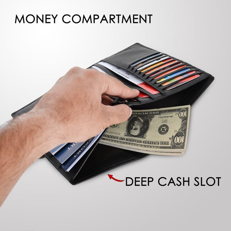 Cow Leather Family Passport Holder | Credit Cards Boarding Pass Cash Documents Holder Slots With Hidden Chain Slot | RFID Blocking Travel Wallet for Men and Women Engraved Logo - Black