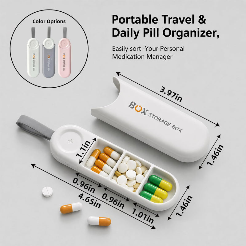 3 Compartment Small Pill Organizer for Women, Moisture Proof Case, Keychain Pill Holder for Pocket Purse, Daily Pill Organizer Medicine Vitamin Container, Fish Oil and Supplement Box(White) White