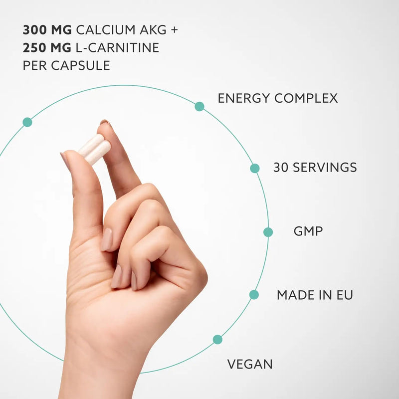 PUROVITALIS Calcium AKG (Ca-AKG) 600mg with L-Carnitine, CoQ10 & Vitamin B12, Bone Strength & Energy Supplement, 1-Month Supply (60 Vegan Capsules)