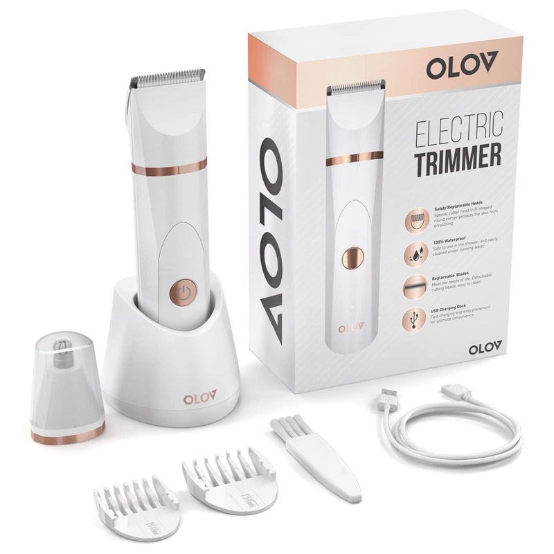 [Australia] - OLOV Electric Body Hair Trimmer - Groin Trimmer for Men - Bikini Trimmer Women - Wet/Dry Shaver Groomer, Replaceable Ceramic Blade Heads, USB Recharge Dock, Waterproof Hygiene Razor, White Rose Gold ＆ White 
