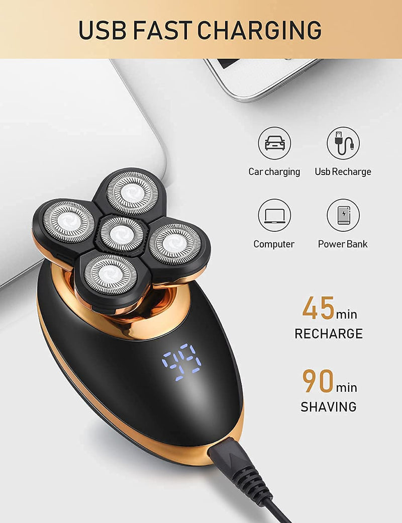 [Australia] - Electric Shavers for Men - 5 in 1 Bald Head Shavers for Men, 5D Floating Cordless USB Rechargeable Rotary Razor Multifunctional Grooming Kit Beard Trimmer Waterproof Wet and Dry with LED Display Gold 5d 