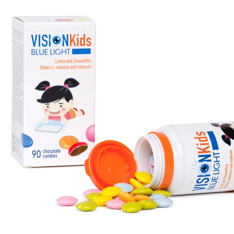 [Australia] - VISION Kids BLUE LIGHT - Protection against blue light from tablets, PCs and smartphones - Zinc, vitamins C and E - Lutein and zeaxanthin - For children - 90 chocolate flavored candies 