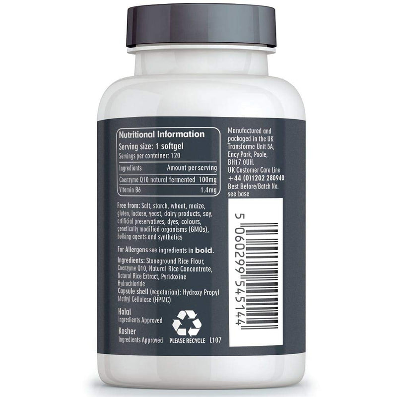 Transforme CoEnzyme Q10 100mg with Vitamin B6 | Vegetarian & Vegan | 120 CoQ10 Naturally Fermented Capsules | Natural Ingredients | Dairy & Gluten Free | Made in the UK