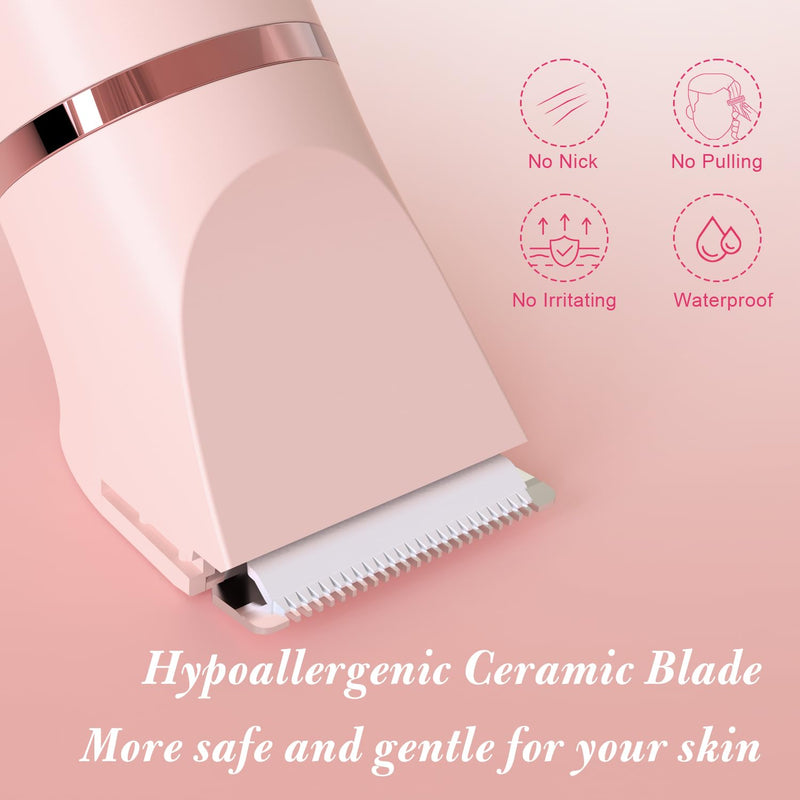 [Australia] - IPX7 Waterproof Bikini Trimmer for Women, Hypoallergenic Painless Ceramic Blade Electric Face Razors for Shaving, Facial Pubic Hair Removal Shaver for Shower Use Summer Essentials(Light Red) 