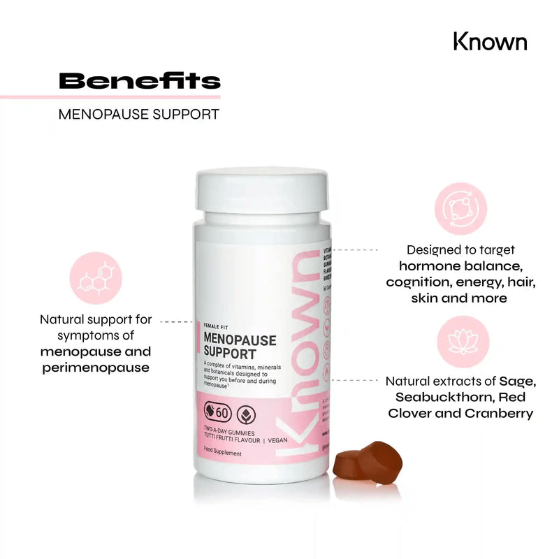 Known Menopause Support Gummies – Tutti Frutti Flavour – Vegan Multivitamin Gummy Supplement with Evening Primrose Oil, Sage, Red Clover & Vitamins – Perimenopause & Postmenopause – 1 Month Supply 30 Days Supply