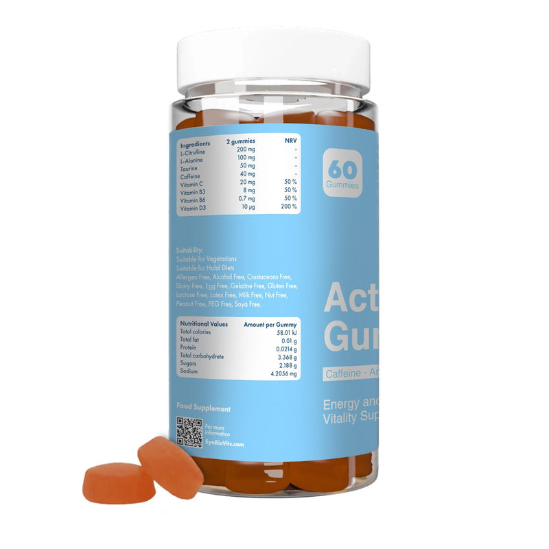 Active Gummies | Energy, Focus & Endurance Support with L-Citrulline, Taurine, Caffeine, Vitamin B6 & B3 | Gelatin Free, Vegetarian, Halal | 60 Grapefruit Flavour Gummies