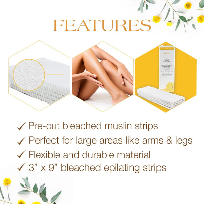 Gigi Bleached Muslin Epilating Strips for Soft Wax - Professional Hair Removal Wax Strips for Waxing, (3”X9”), 100 Strips, 1 Pack 1 Count (Pack of 1) Large Bleached Muslin Strips