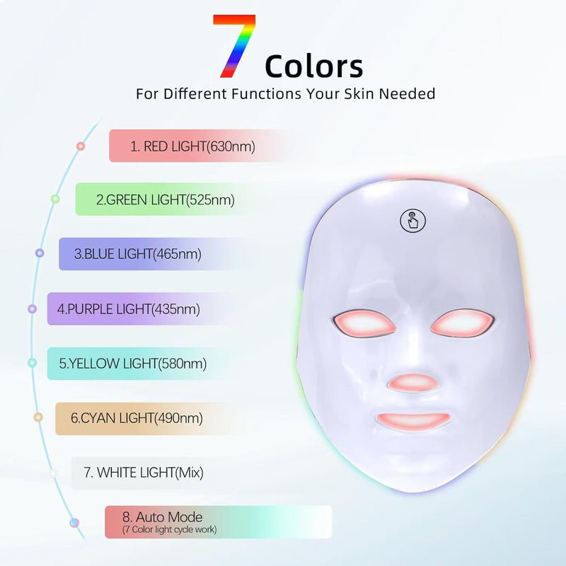 Multi-Color LED Glow Facial Mask - Rechargeable Beauty Lighting Device with Auto Timer (White) White