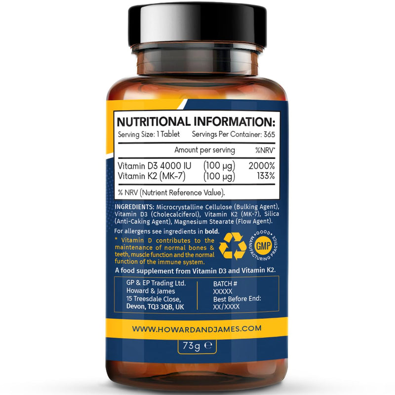 Vitamin D3 4000iu Plus Vitamin K2 100ug (MK7) 365 High Strength Vegetarian Tablets - 12 Months Supply - Easy to Swallow, for Immune System, Bone, Teeth and Muscle Function Support – Made in the UK