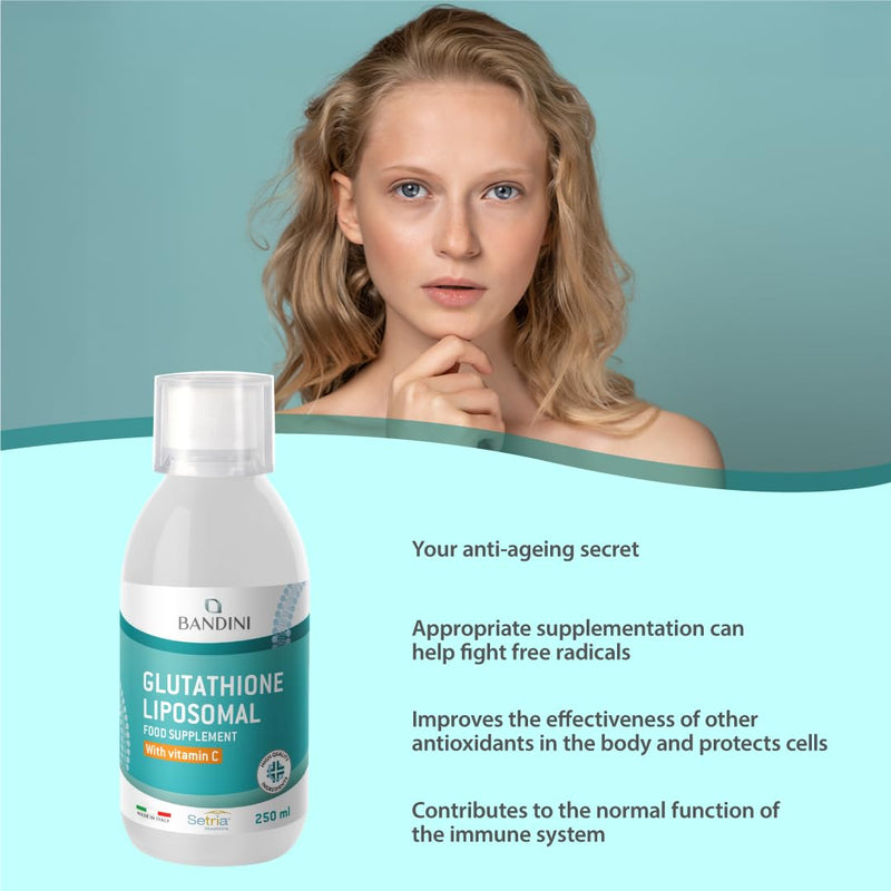 Bandini® Liposomal Glutathione + Vitamin C - Advanced Liquid Antioxidant 250 ml - Reduced Setria® L-Glutathione (250mg) and Vitamin C (790mg) per Serving - High Bioavailability - Liposomal Technology