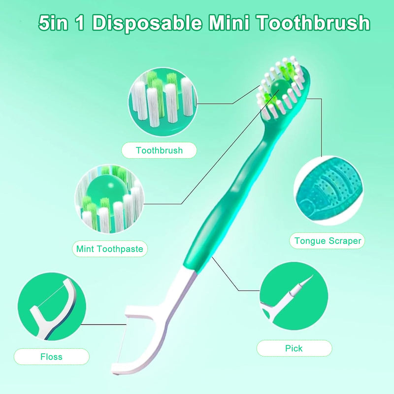[Australia] - 5 in 1 Toothbrush & Floss, 26Pcs mini toothbrushes with Toothpaste, All in one Oral Care on The go, 5 in 1 mini Brush, Toothpaste and Floss, Disposable Travel Toothbrush Set (1) 