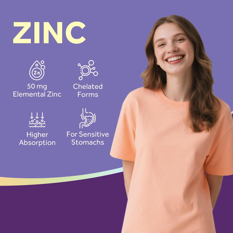 Doctor's Recipes Zinc Supplement 50mg, Triple Action Immune Support, Chelated Zinc Picolinate, Glycinate & Gluconate, Once Daily for Men & Women, Skin Health, Hormone Balance, Vegan, 60 Capsules