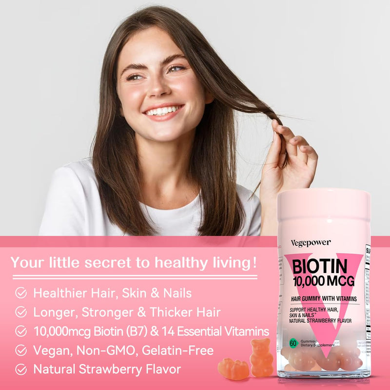 Biotin Gummies 10000mcg Supplements - with Vitamin C, A, D, B-Complex, Folate, Zinc for Women & Girls- Vegan Biotin Hair Growth Gummy for Healthy Hair and Nails, Non-GMO, Strawberry, 120 Bear Fruit 60 Count (Pack of 2)