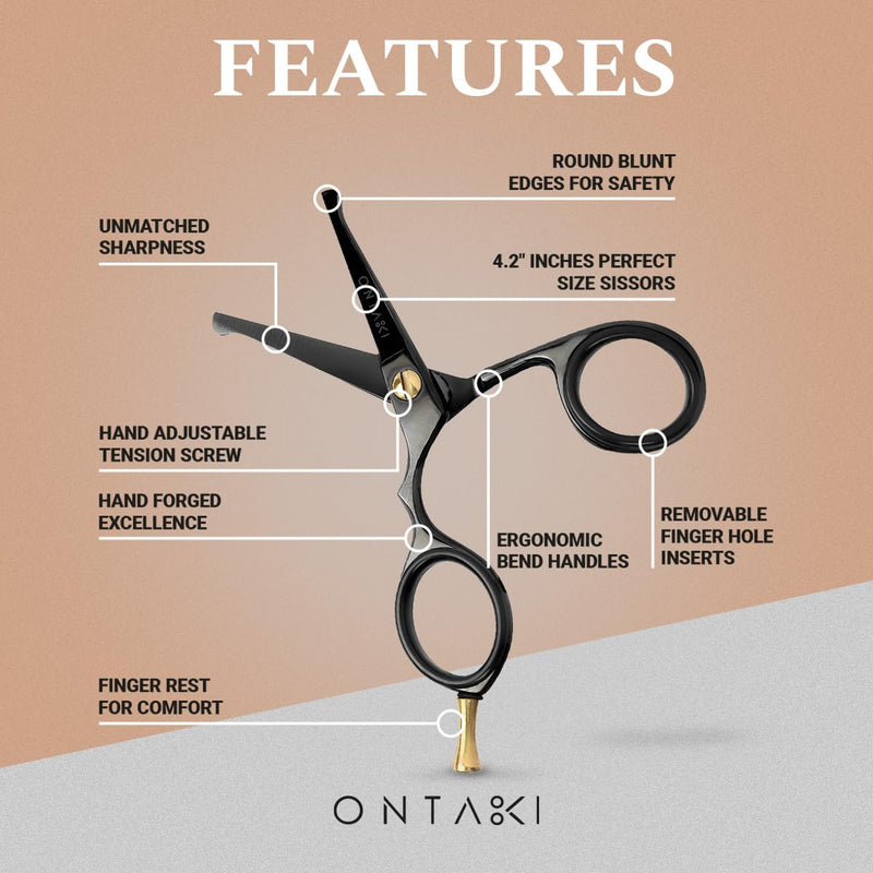 Ontaki Mustache Scissors - 4.2" Black Japanese Steel - Beard & Nose Hair Trimming Scissors for Men - Rounded Tip Ergonomic Handles - Hand-Forged Mustache Grooming Kit Black 4.2"