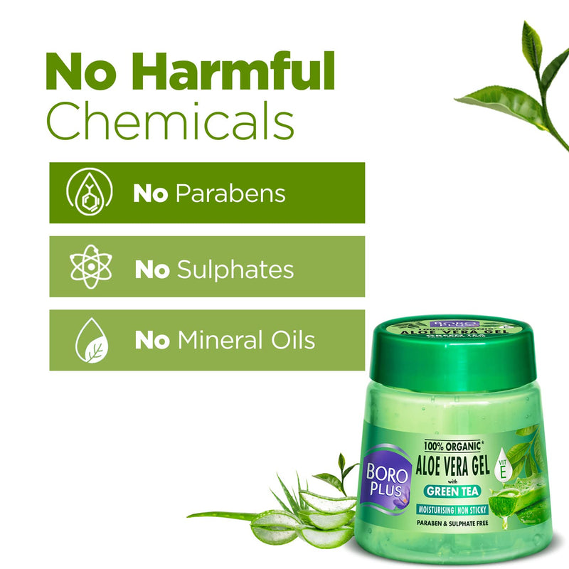 BOROPLUS Aloe Vera Gel with Green Tea & Vitamin E | 100% Organic, Non-Sticky | Soothes Sunburn, Fights Pimples, Moisturizes Skin | Paraben-Free | 6.76 Fl Oz (200ml)