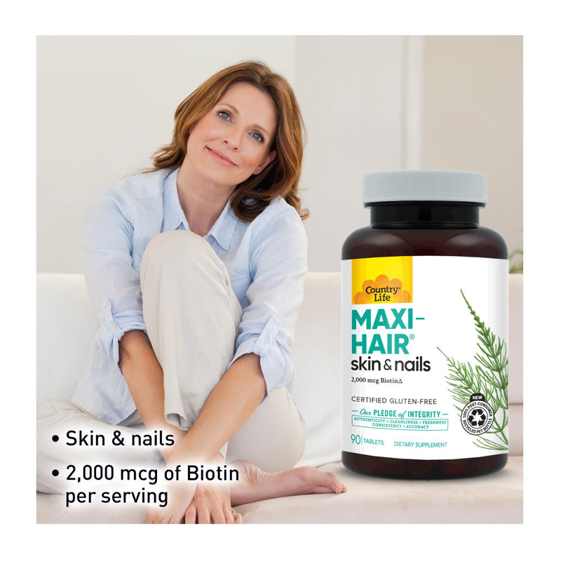 Country Life Maxi-Hair 2,000 mcg Biotin, Hair Skin Nails, 90 Tablets | 2,000 mcg biotin plus vitamins, minerals and Maxi Blend supports healthy hair, skin and nails. Unflavored 90 Count (Pack of 1)