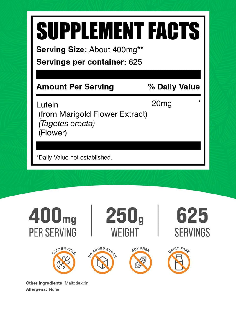 BulkSupplements.com Lutein Powder - from Marigold Flower Extract, Eye Supplement, Lutein 20mg - Antioxidant Source, Gluten Free, 400mg per Serving, 250g (8.8 oz) (Pack of 1) 8.8 Ounce (Pack of 1)
