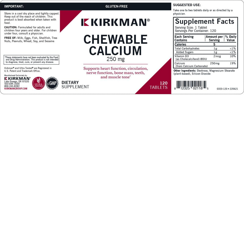 Kirkman - Calcium 250mg with Vitamin D3-120 Tablets - Essential Minerals - Helps Maintain Strong Bones - Hypoallergenic