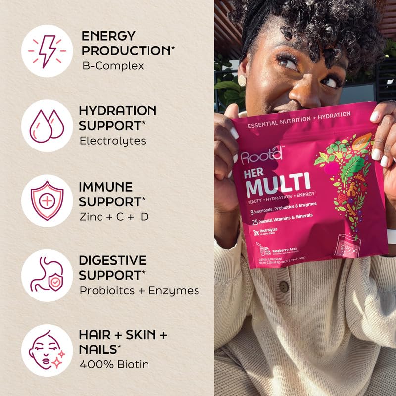 Root'd Multivitamin Powder for Women - 25 Vitamins & Minerals with 3X Electrolytes, 9 Organic Superfoods, Probiotics & Enzymes, Sugar-Free Multivitamin & Hydration | 30 Vitamin Drink Mix Packets 0.22 Ounce (Pack of 30) Her (Raspberry Acai)