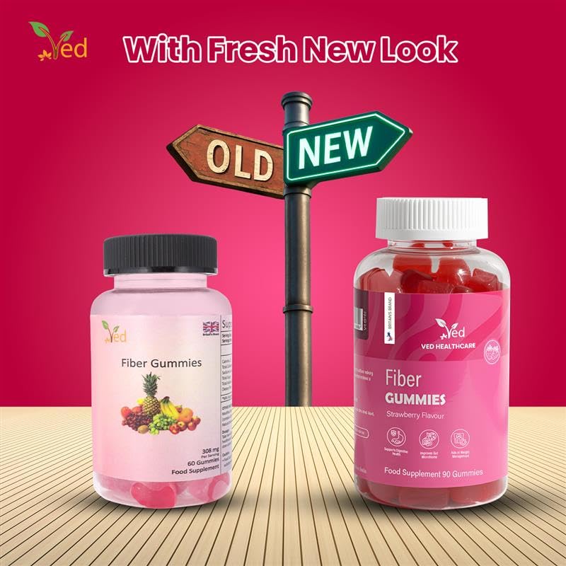 Fiber Vegan Gummies, 90 Gummies, 1 Month Supply, Strawberry Flavour, Vitamin B12 & B6, 3 Per Day, Gluten-Free - By VED