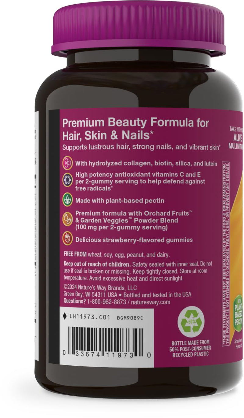 Nature's Way Alive! Premium Hair, Skin & Nails Gummies, Strawberry, 60 ct | Daily Gummy with Collagen and Biotin, Advanced Beauty Formula Supplement with High Potency Antioxidant Vitamins C & E*