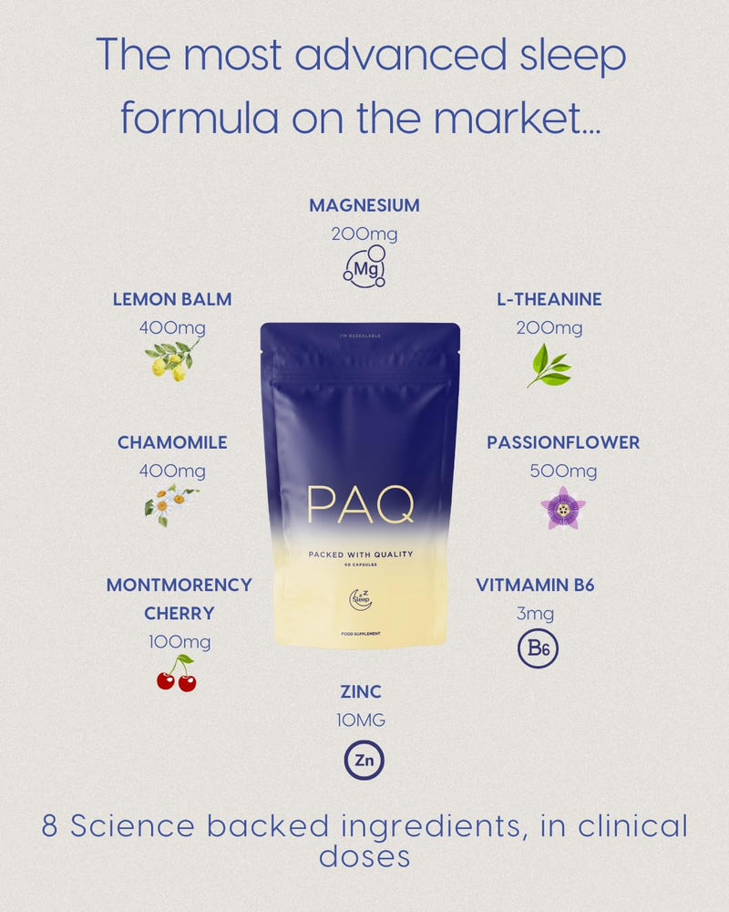 Sleep PAQ Natural Sleep Aid – 60 Vegan Capsules – Magnesium, L-Theanine, Passion Flower, Cherry – Non-Habit Forming, No Melatonin – Clinically Dosed for Sleep, Recovery & Relaxation