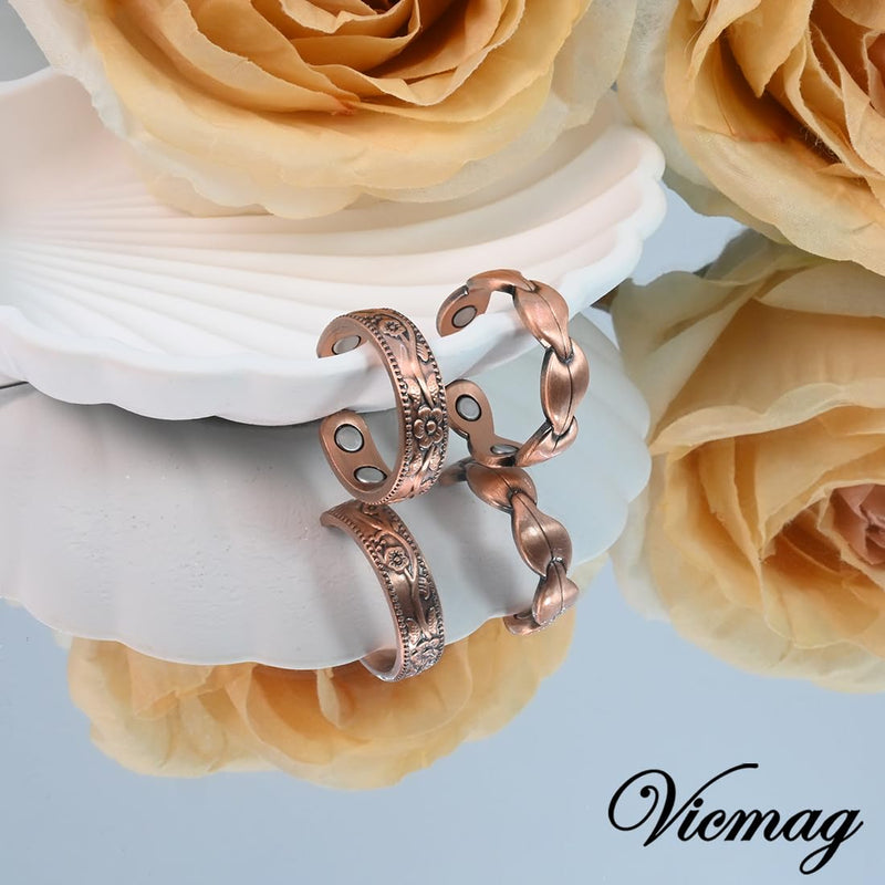 [Australia] - Vicmag Copper Magnetic Ring for Women, Copper Ring Ladies Fingers Thumb 100% Solid Pure Copper Jewelry Gift Adjustable Rose Gold+Copper Flower 