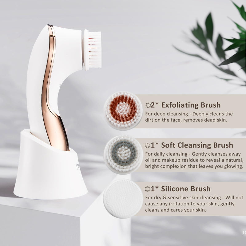 Electric Face Brush Scrubber Rechargeable Facial Exfoliator IPX-7 Waterproof Spin Cleanser Rotating Spa Machine for Exfoliating, Massaging and Deep Cleansing with 4 Brush Heads White & Rose Gold