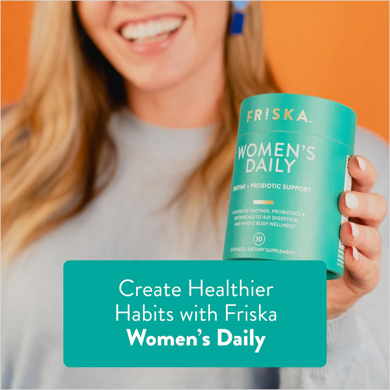 Friska Women’s Daily Gut Support - Pre/Post Meal, Digestive Enzymes, Probiotic DE111 for Bloating & Digestive Balance, Vitamin D, Cranberry & Biotin for Hair, Nail & Urinary Health, 90 Capsules Womens Daily 30 Count (Pack of 3)