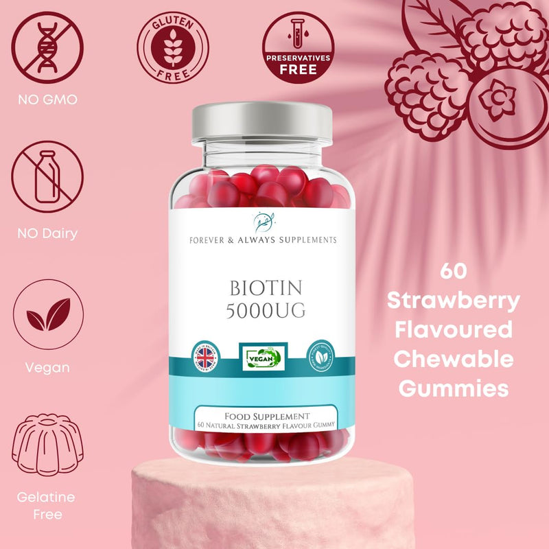 Biotin 5000ug Hair, Skin & Nail Vitamin Gummy | 60 x Vegan Strawberry Flavoured chewable Gummies for Men & Women | Beard, Hair, Skin & Nail Supplement