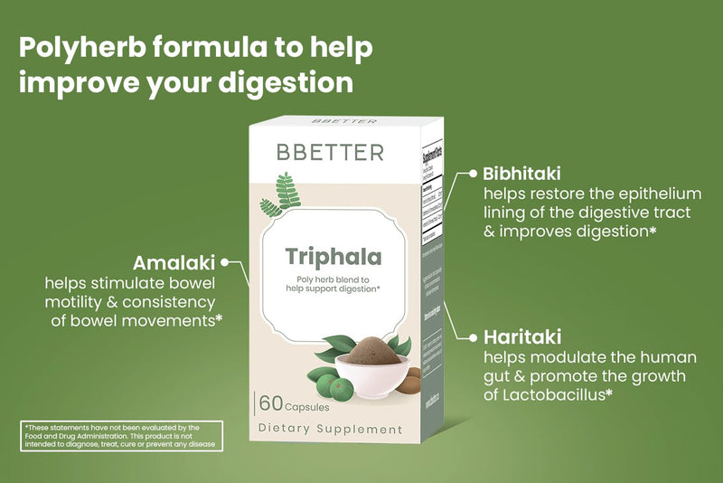 [Australia] - BBETTER Triphala ‚Äì Ayurvedic Herbal Supplement with Amla, Haritaki & Bibhitaki for Occasional Constipation & Bloating ‚Äì Supports Digestion, Healthy Bowel Function, Colon Cleanse & Detox - 60 Capsules Pack of 1 