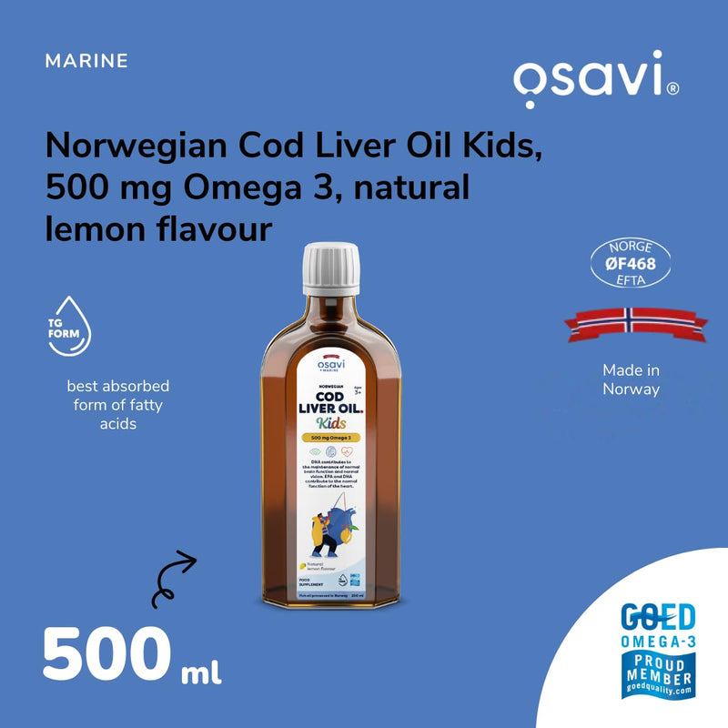 Osavi Norwegian Cod Liver Oil Kids – 250 ml | 500 mg Omega–3| Supports Brain Function, Vision, Heart Health, Immune System | Includes 135 µg Vitamin A | Lemon Flavour | Made in Norway