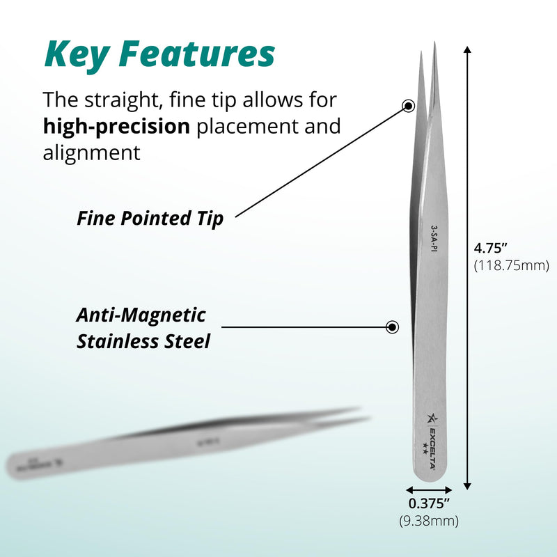 Excelta 3-SA-PI Straight Very Fine Precision Pointed Tweezers, 4.75 Inch, Conductive Anti-Magnetic Stainless Steel 316L, Ideal for Magnification Work, Made in Italy, Intermediate 4.75" Tweezer, Straight Very Fine Points