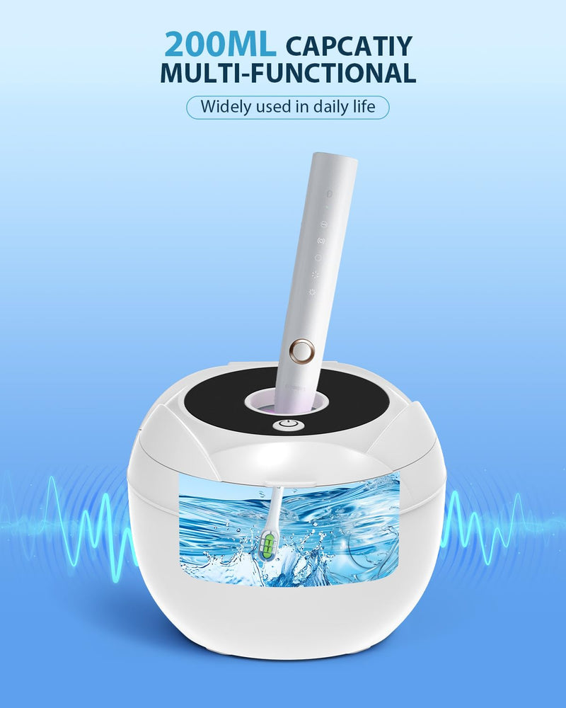 [Australia] - Retainer Cleaner Machine, 45kHz Portable Ultrasonic Cleaner, 4 Cleaning Modes, 200ml Stainless Steel Tank, Digital Timer, Includes Tweezer & Drain Basket for Jewelry, Glasses, Watches, & More White 