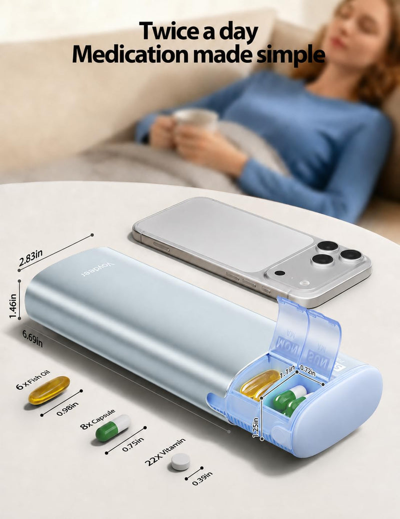 Vaydeer Metal 7 Day Travel Pill Organizer 2 Times a Day, Built-in Desiccant | AM PM weekly Travel Pill Case, Twice-Daily，Airtight Large Capacity Pill Box for Vitamins, Medication, Supplements & Fish Oil Blue Standard Size