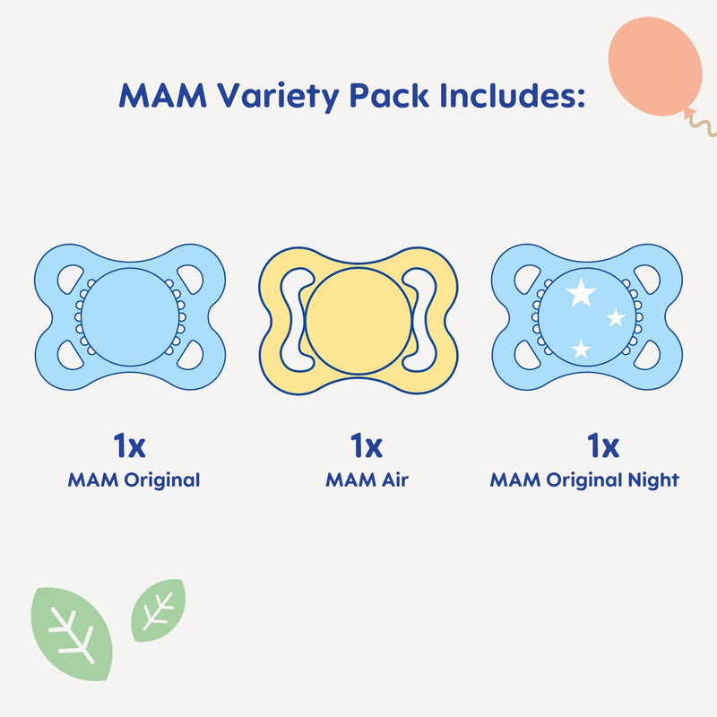 [Australia] - MAM Variety Pack Baby Pacifier, Includes 3 Types of Pacifiers, Nipple Shape Helps Promote Healthy Oral Development, 3 Pack, 0-6 Months, Girl Pink Blush / Artic Blue 3 Count (Pack of 1) 